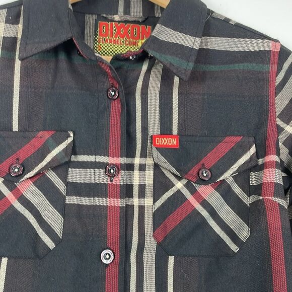 Dixxon Women’s Small Shirt Black Red Plaid Button Front Long Sleeve Collar - Picture 2 of 9